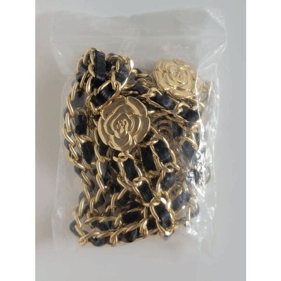 NEW Gold Black Rose Camellia Flower Charms Interwoven Chain Belt - Picture 5 of 14